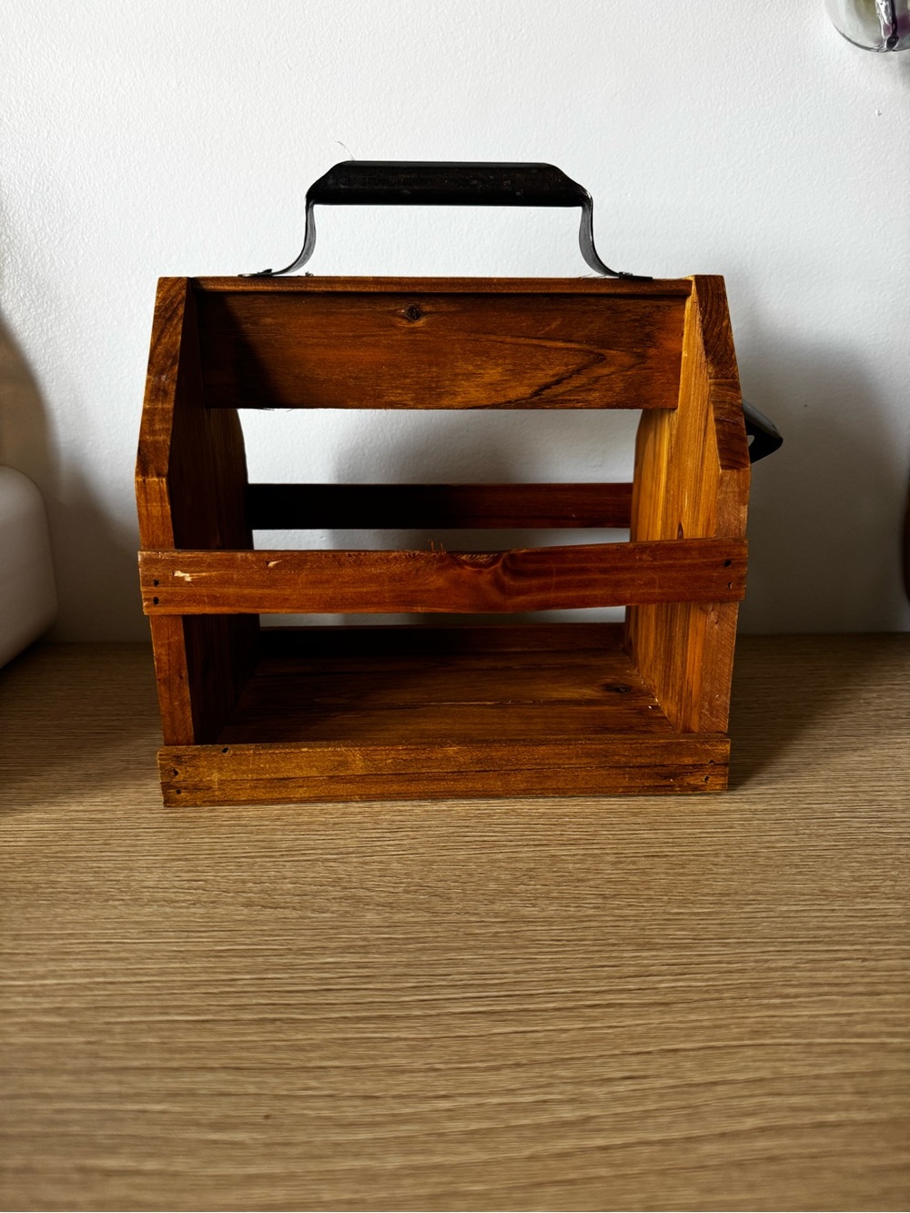Rustic Wooden Caddy with Metal Handle and Bottle Opener - Warm Brown